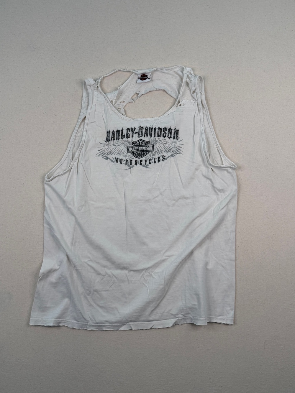 Harley Davidson Distressed White Tank Top Y2K Grunge Biker California L